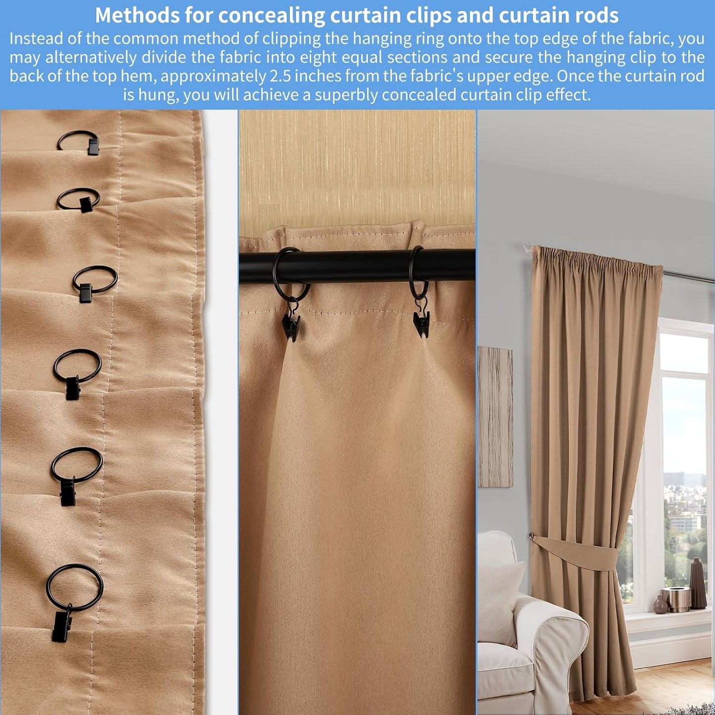 Curtain Rings with Clips, 42 Pack Metal Drapery Rings with Clips Hooks Hangers for Hanging Drapes Bows Hats, Drapes Rings 1.26 in Interior Diameter, Fits Up to 1 in Curtain Rod, Black
