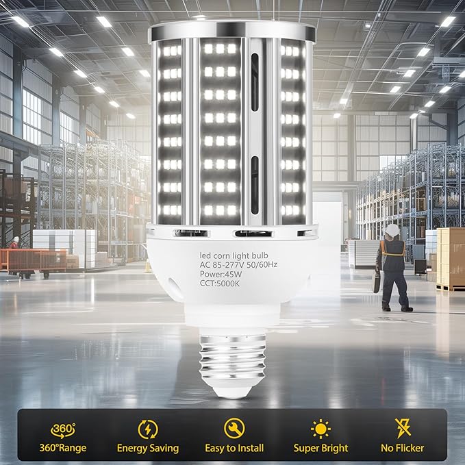 45W LED Corn Light Bulb 2 pack, 400W Equivalent 5000K Commercial Grade Daylight - Image 2