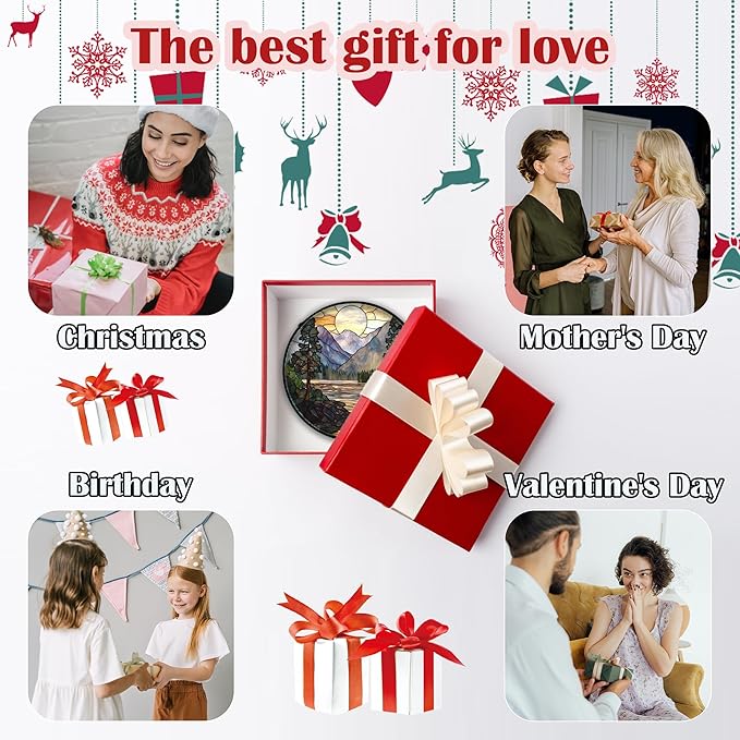 AMDERVEN Stained Glass Window Hanging, Sunset Mountains Lake Tree Sun Catcher - Image 6