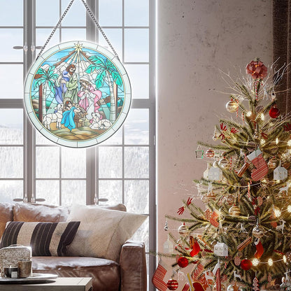 MUMTOP Nativity Stained Glass Window Hanging Christmas Wall Decor | Nativity scene glass suncatcher, hand-painted textured artwork, Christmas window decor and religious wall art