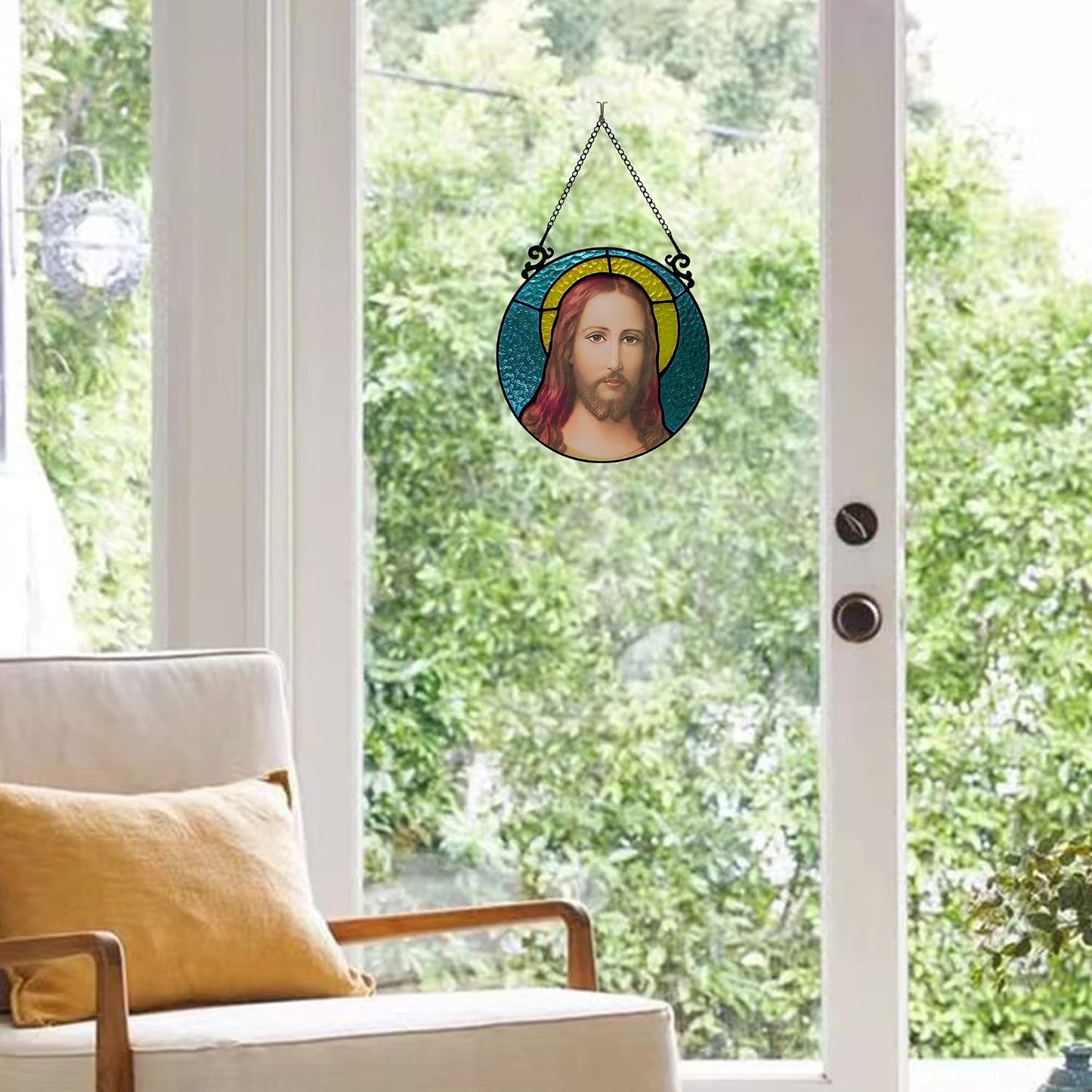 BOXCASA Christian Jesus Stained Glass Window Hanging,Suncatcher Jesus Holy Spiritual Decor,Christian Gift for Religious People,Catholic Decor for Living Room Bedroom Window