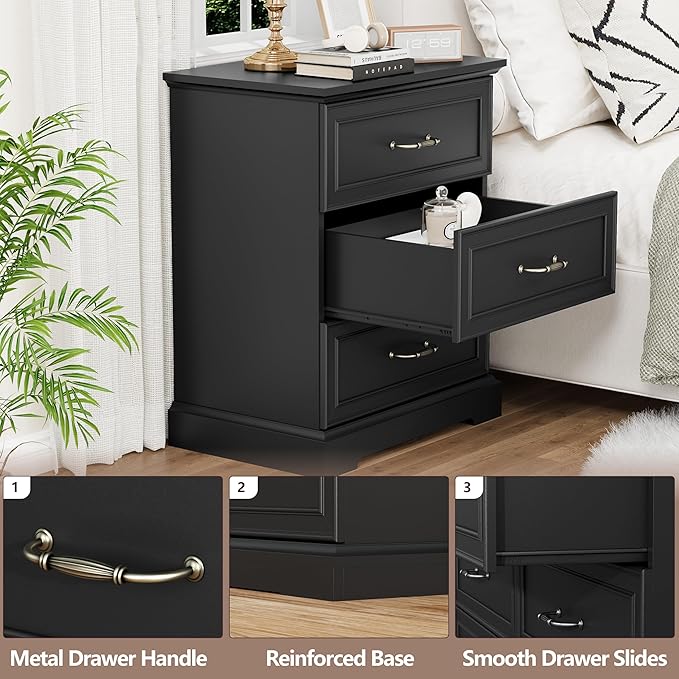 Nightstand with 3 Large Drawers, Rustic Farmhouse Wood Small Dresser, Bedside - Image 4