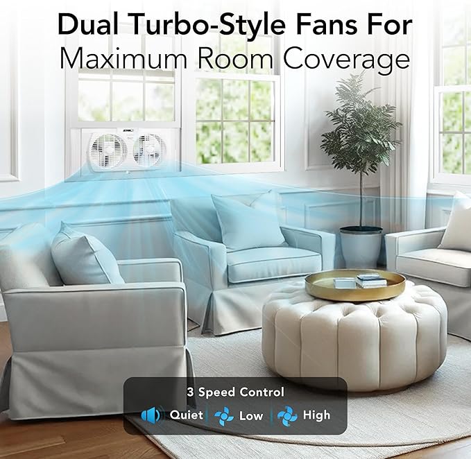 Comfort Zone Window Fan for Bedroom, 9 inch 3 Speed Dual Fans - Image 2