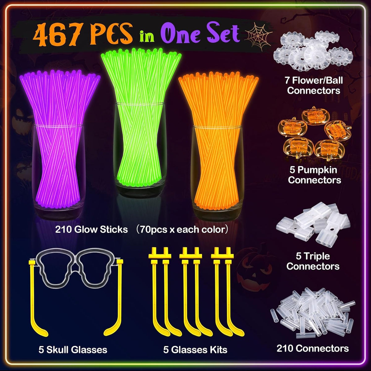 BUDI 467Pcs Halloween Glow Sticks Party Favors, Glow in the Dark Party Pack