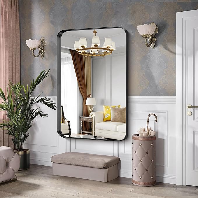 CIRCUMI Black Bathroom Mirror, Rounded Corner, Tempered Glass, Large Mirror - Image 6