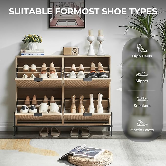 Shoe Cabinet Storage with 4 Flip Drawers, Narrow Hidden Shoes Organizer Cabinet - Image 3