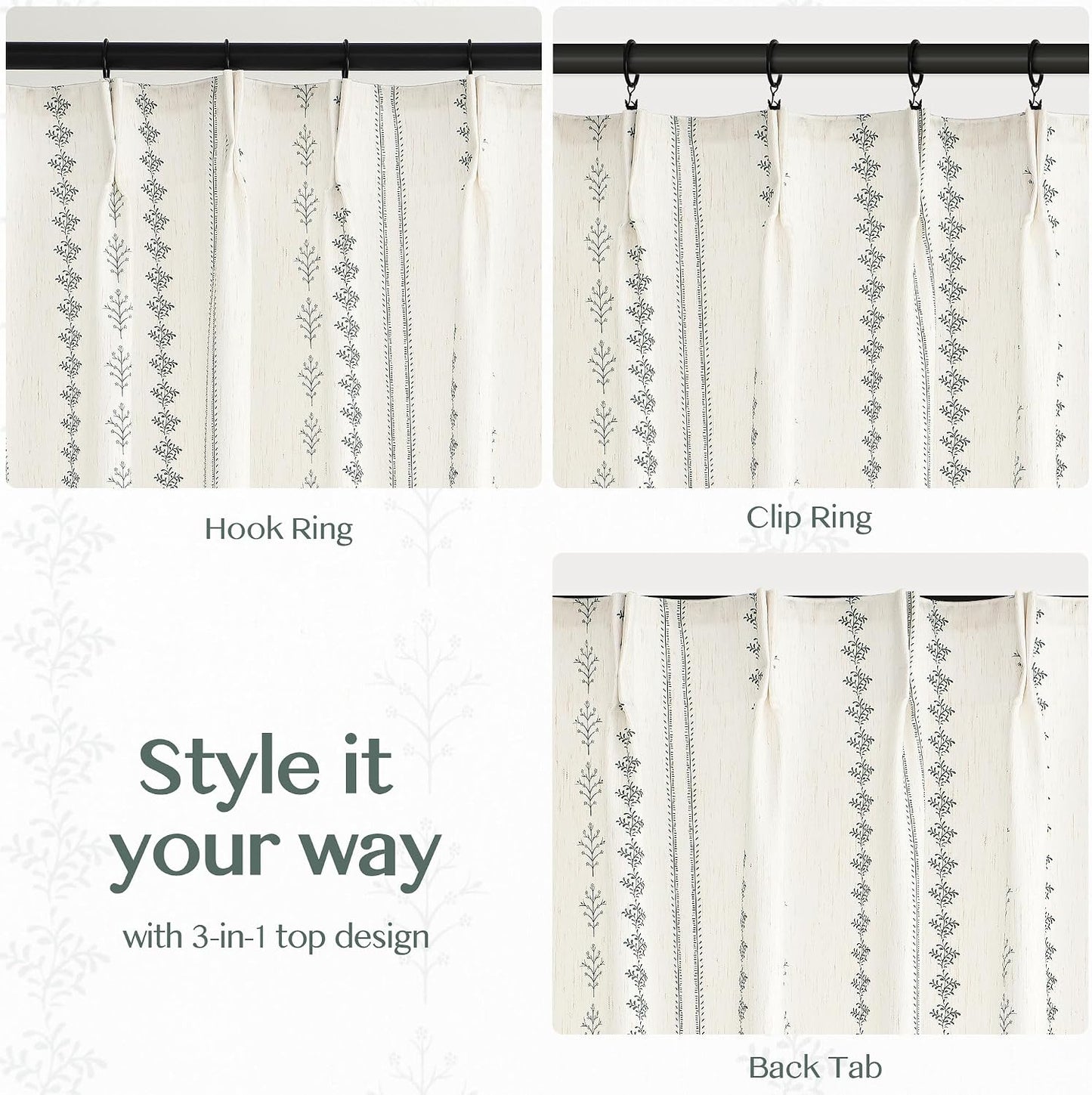 Pinch Pleated Sage Green Floral Block Print Curtains 84 Inches Long, Vintage Boho Linen Blend Drapes for Bedroom Living Room, 2 Panels Set