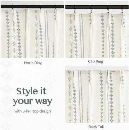 Pinch Pleated Sage Green Floral Block Print Curtains 84 Inches Long, Vintage Boho Linen Blend Drapes for Bedroom Living Room, 2 Panels Set
