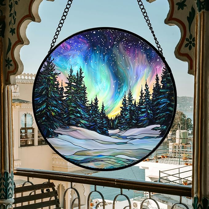 DASTOLL Stained Glass Window Hanging, Aurora Landscape Sun Catchers Glass Panel - Image 7
