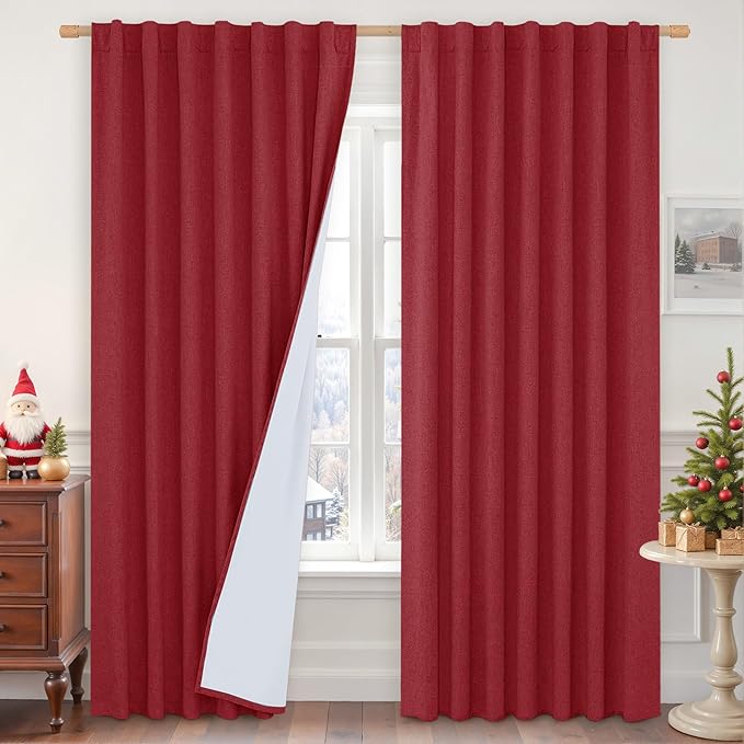 LAMIT Red 100% Blackout Linen Curtains, 84 Inch Linen Textured Living Room by LAMIT