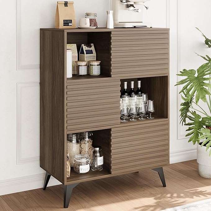 IDEALHOUSE Fluted Cabinet with Sliding Doors, Modern Wooden Storage Cabinet - Image 3