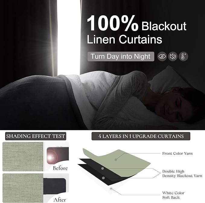Sage Green Blackout Linen Curtains 120 Inches Extra Long - Image 2
