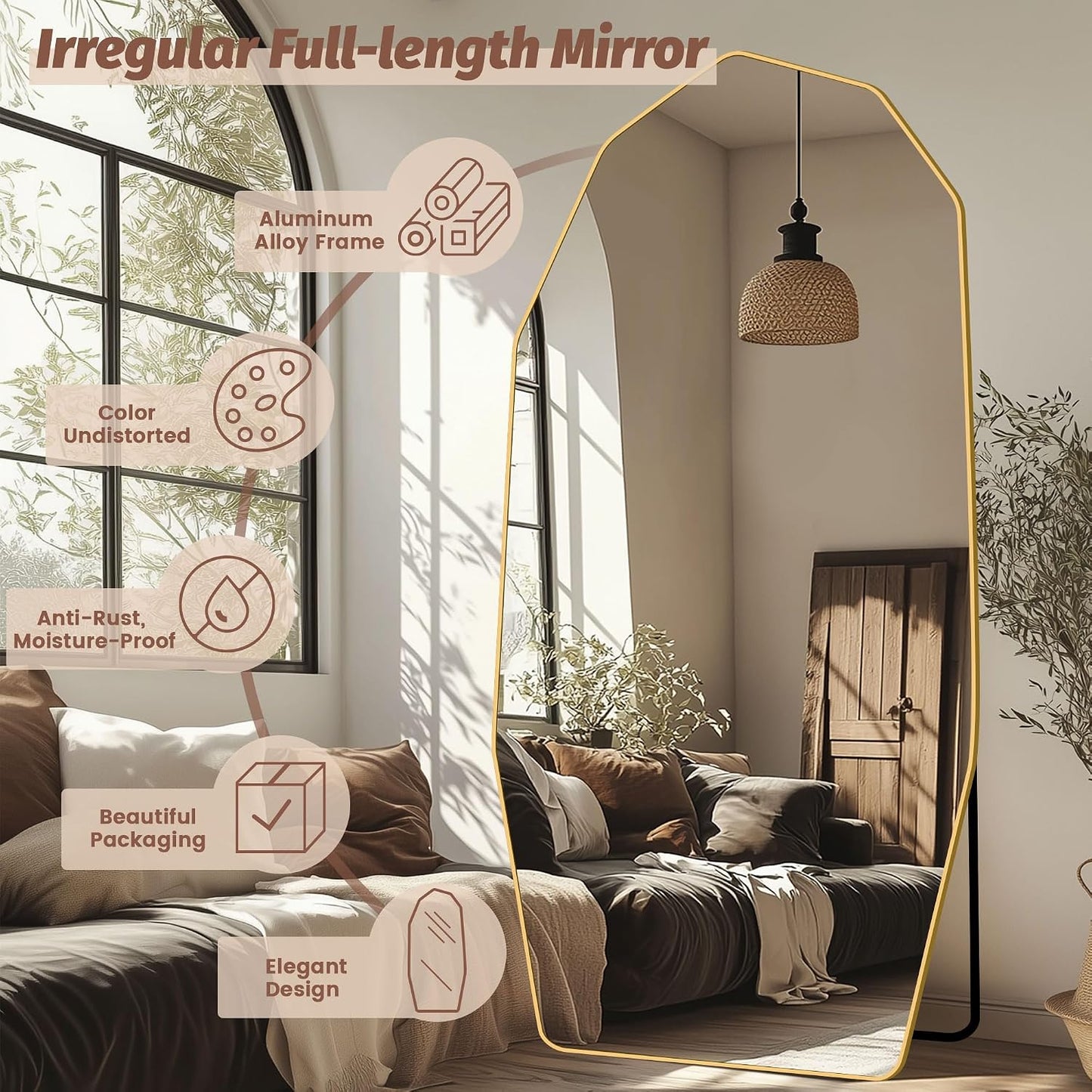 Full Length Mirror, 76" x 34" Full Body Large Standing Mirror, Diamond Shaped, Free Standing, Wall-Mounted or Leaning, Decorative Large Mirrors for Home Bathroom Living Room, Gold
