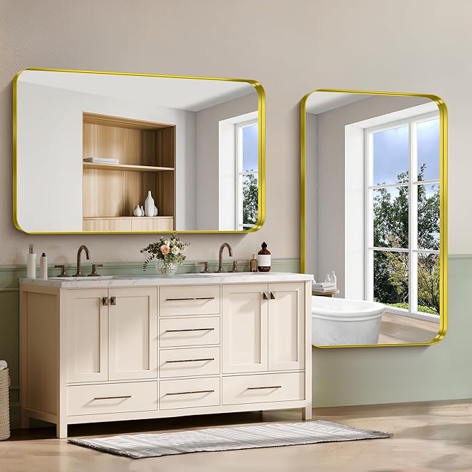 CIRCUMI Gold Bathroom Mirror, Rounded Corner, Tempered Glass, Large Mirror - Image 6