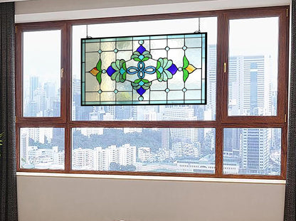 Yogoart Extra Large 32 Inch Horizontal Victorian Stained Glass Window Panels Hanging Transom Window Panels 20 Inch Height