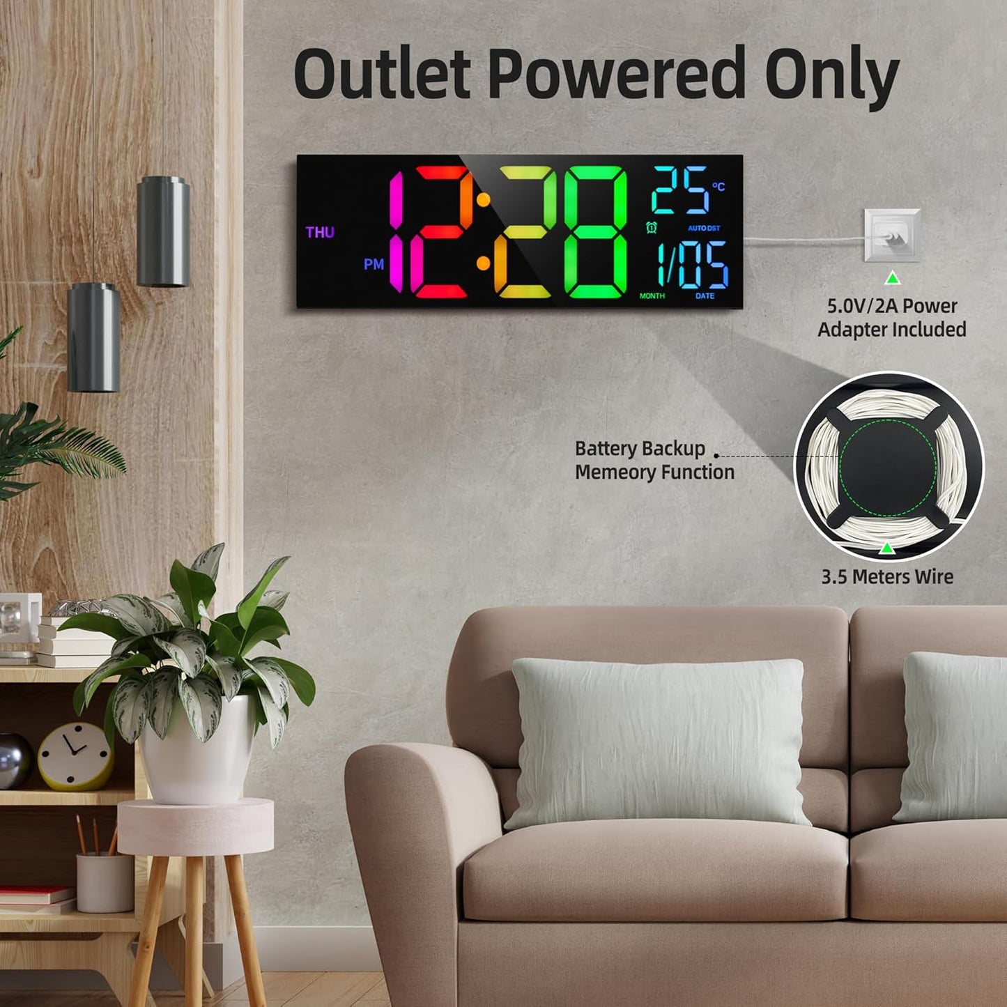 HAITANG 8 Colors Digital Wall Clock, 16.2" Large Digital Clock with Temperature, Date, Auto DST, Night Light, Auto Brightness Dimmer, 24/12-hour Wall Clock for Living Room Office Classroom Gym