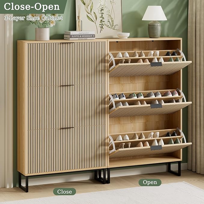 Shoe Cabinet Storage with 3 Flip Drawers, Shoe Organizer Cabinet - Image 4