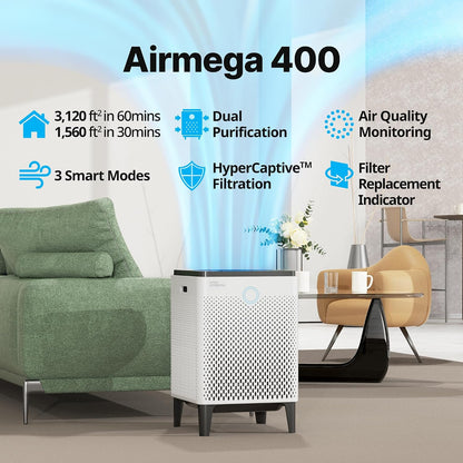 coway air purifier for home up to 3,120ft² shown in use