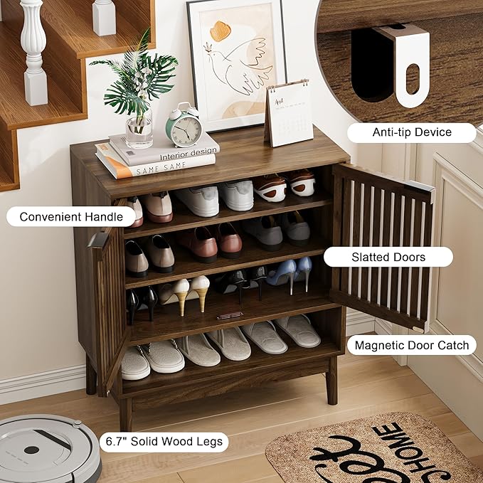 Shoe Cabinet with Slatted Doors, 4 Tier Freestanding Shoe Cabinet Storage - Image 6