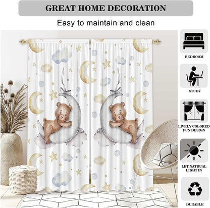 82" Wx 84" L Cartoon Lovely Bear Moon and Stars Window Curtains for Baby Room Bedroom Nursery Home Decor Decorations with Fabric Machine Washable