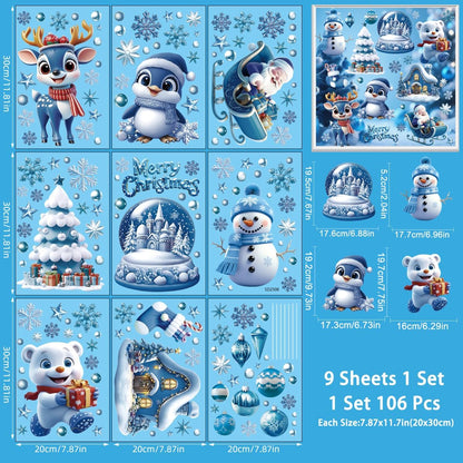 Christmas Window Clings 106Pcs, 2026 New Double Sided Christmas Window Stickers, Xmas Snowman Santa Claus Reindeer Snowflakes for Holiday Party Home Office Classroom Window Decals Decorations (Blue)