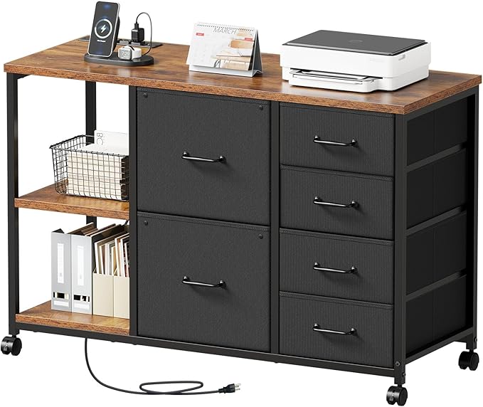 6 Drawer File Cabinet with Charging Station Rolling Printer Stand with Open by Maihail