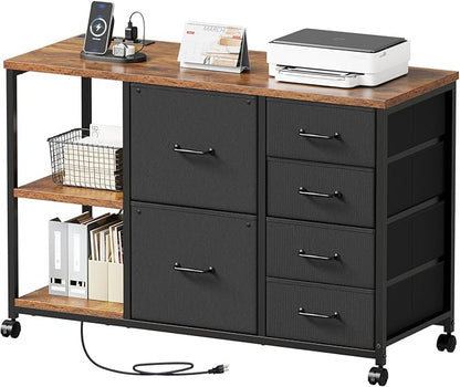 6 Drawer File Cabinet with Charging Station Rolling Printer Stand with Open by Maihail