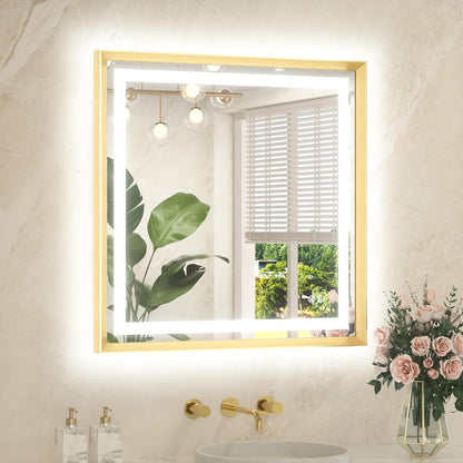 Led Bathroom Mirror 30 x 30 with Brushed Gold Frame Anti-Fog Frontlit & Backlit Vanity Mirror Stepless Dimmable Lighted Mirrors for Bathroom Wall 3 Colors White/Warm/Natural Wall-Mounted