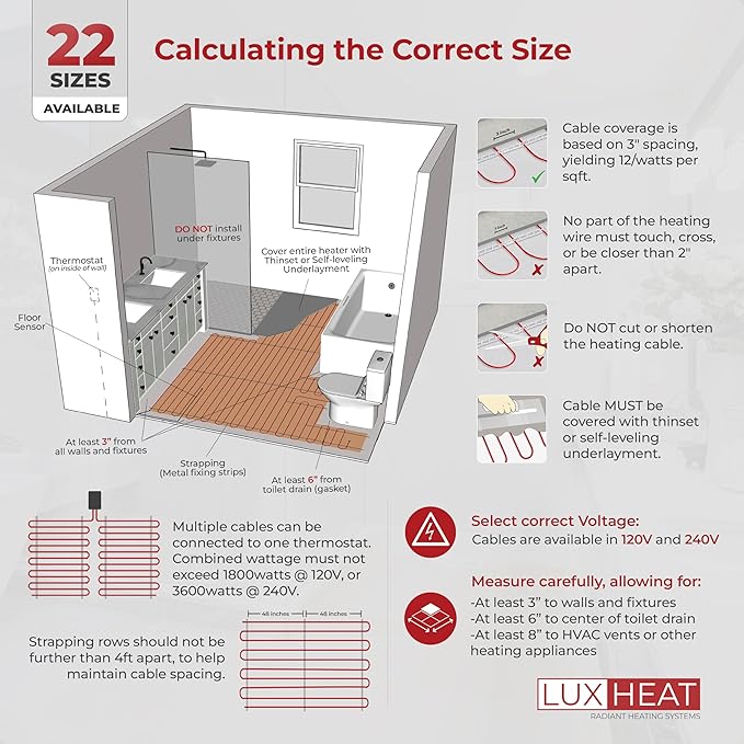LuxHeat 80sqft Floor Heating Cable Kit - 240v Heated Tile Floor Kit - Complete - Image 6