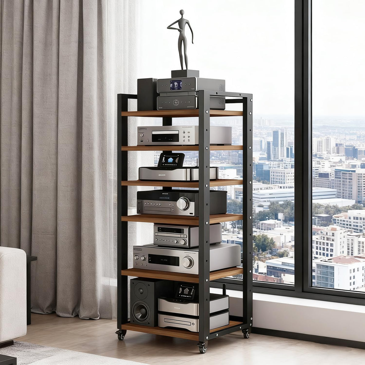 6-Tier AV Media Stand with Wheels, Modern Stereo Racks and Stands