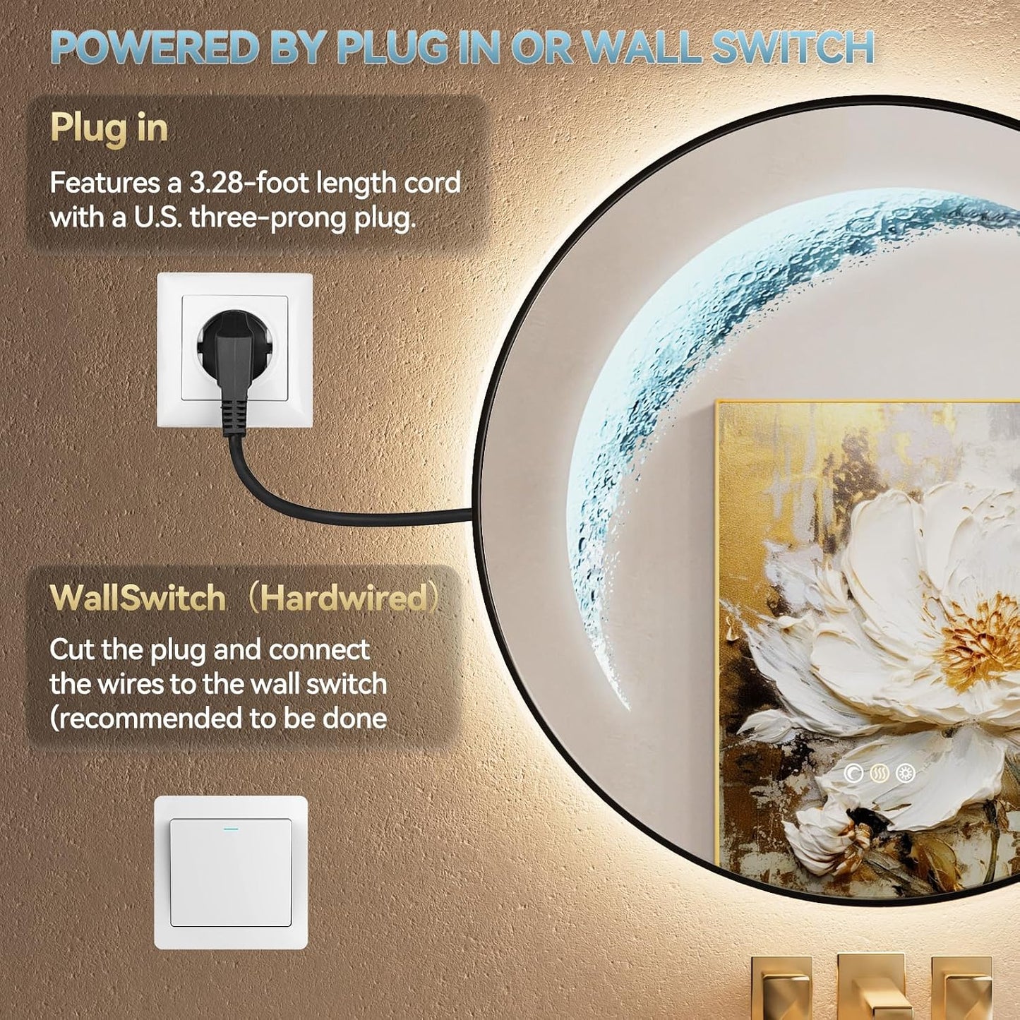 Black Round Mirror 30 inch, Circle Framed Mirror with Backlit & Half Moon Light, Anti-Fog, 3 Color Modes, Dimming Wall-Mounted LED Mirrors for Bathroom, Home Decor, Bathroom, Entryway