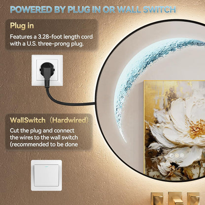 Black Round Mirror 30 inch, Circle Framed Mirror with Backlit & Half Moon Light, Anti-Fog, 3 Color Modes, Dimming Wall-Mounted LED Mirrors for Bathroom, Home Decor, Bathroom, Entryway