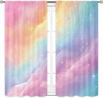 Colorful Rainbow Cute Kids Girls Girly Living Room Bedroom Window Curtains | 42"W x 63"L Galaxy Sky; fade-proof print, 2 panels, rod pocket, easy to install and washable.