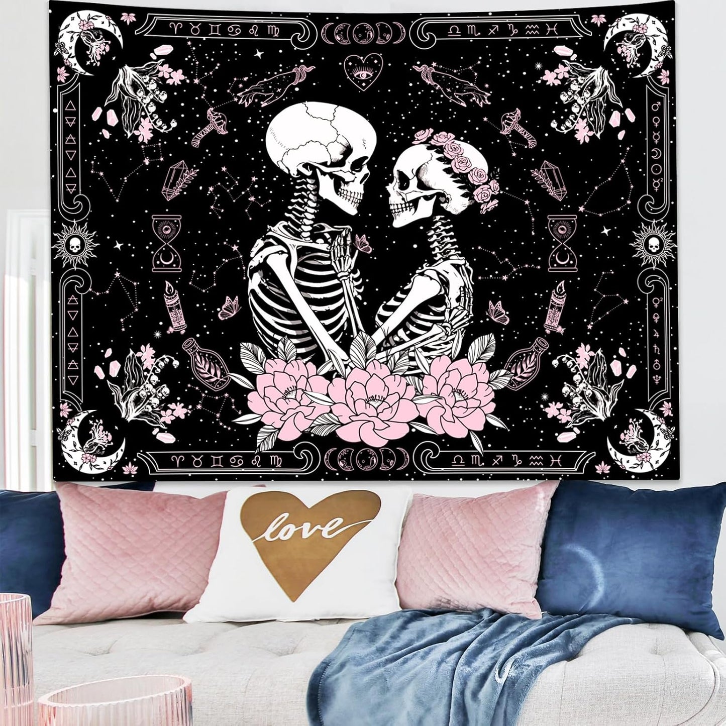 KJHL Black and Pink Gothic Witchy Skull Tapestry 44ʺ x 60ʺ Floral Constellation Skeleton Aesthetic Tapestries Wall Hanging for Bedroom Dorm