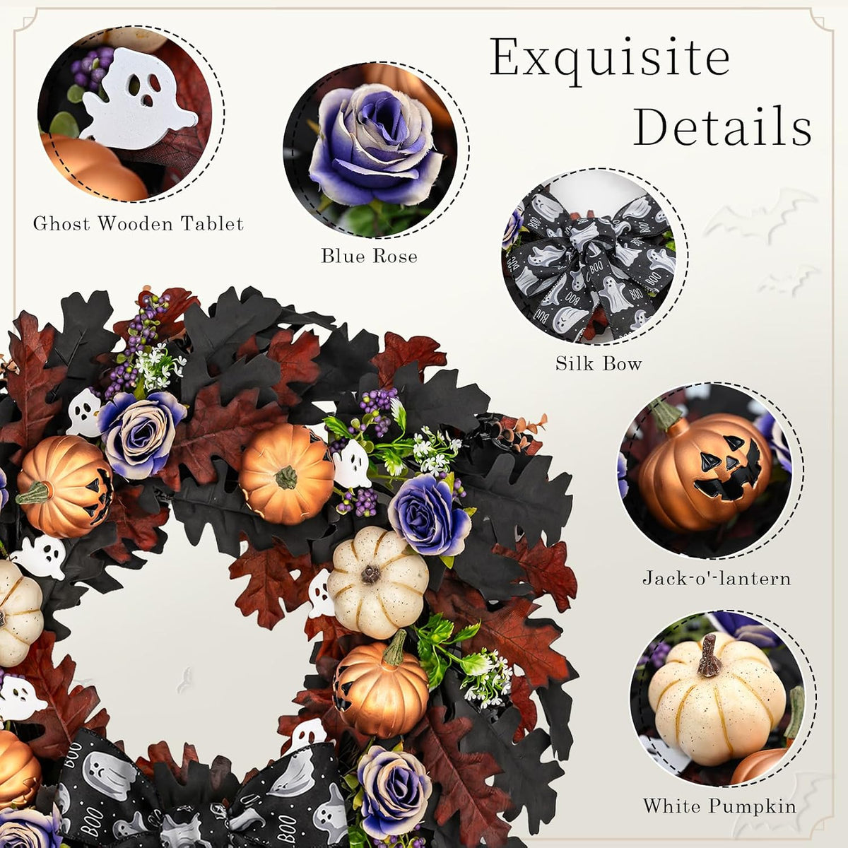 22'' Halloween Wreath for Front Door with Orange, Purple Light