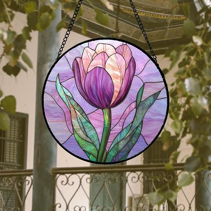 DASTOLL Stained Glass Window Hanging 4 Pcs Set Purple Flower Theme Large 15" - Image 3
