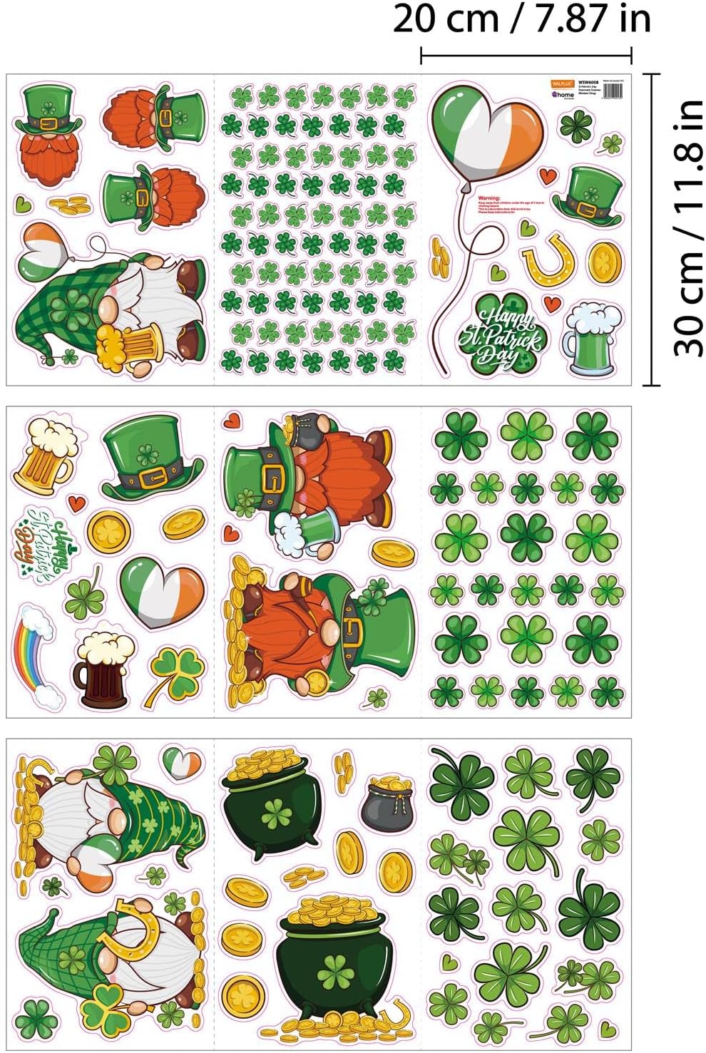 WALPLUS Spring Window Clings St. Patrick's Day Shamrock Gnomes 168 Pieces Double-Sided Reusable PVC Stickers for Glass, Plastic, Metal, Wood, Walls, Mirrors, Glossy Surfaces