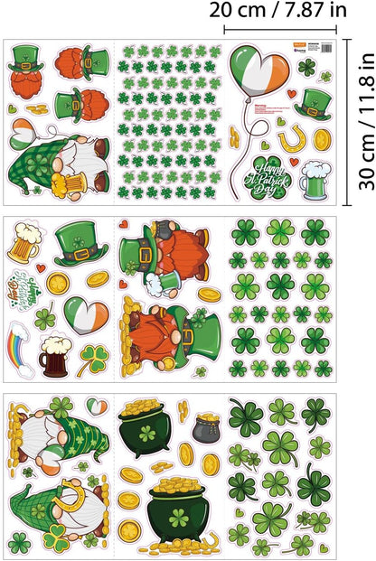 WALPLUS Spring Window Clings St. Patrick's Day Shamrock Gnomes 168 Pieces Double-Sided Reusable PVC Stickers for Glass, Plastic, Metal, Wood, Walls, Mirrors, Glossy Surfaces