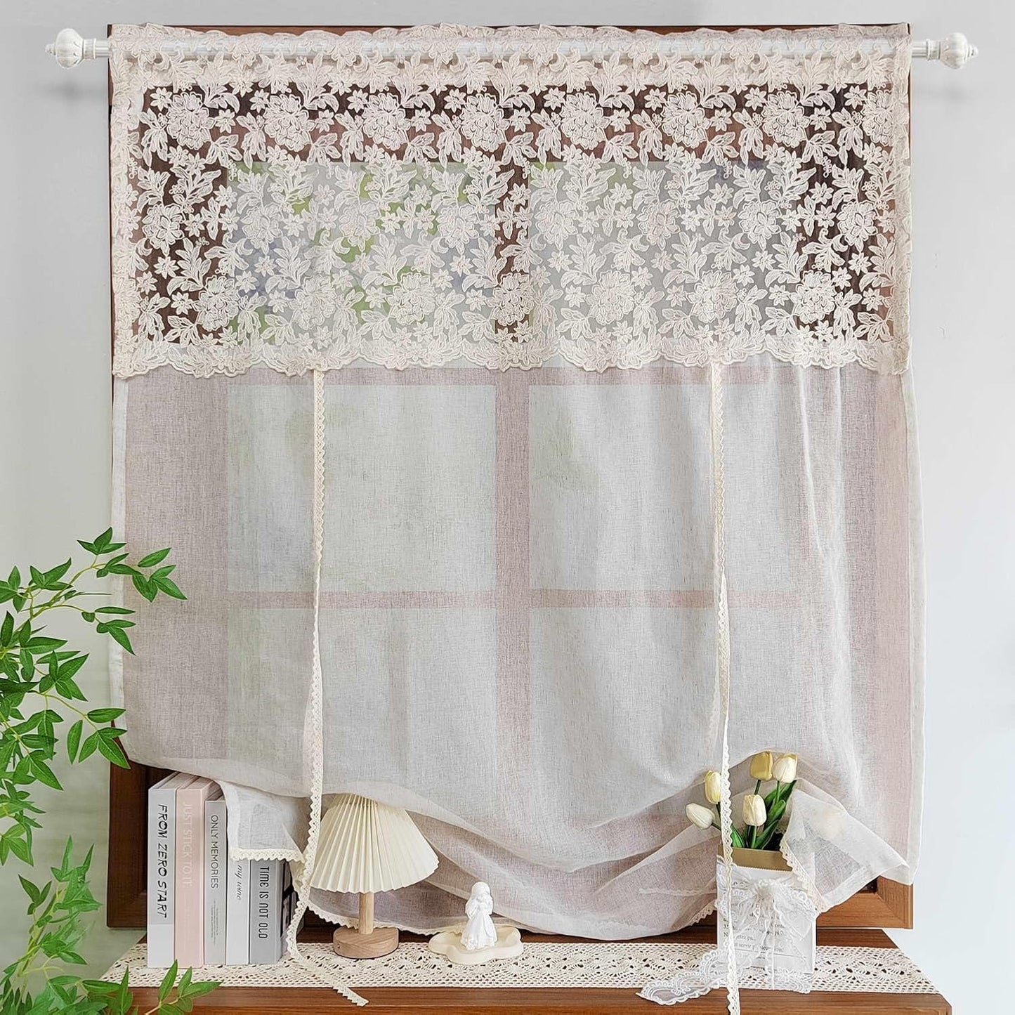 Floral Tie Up Curtains for Window, Adjustable Lace Balloon Shade | Crochet Lace Trim, Rod Pocket Light Filtering Sheer Curtain Panel for Kitchen Cafe Bathroom,1 Panel (Beige, W39 L39 inch)