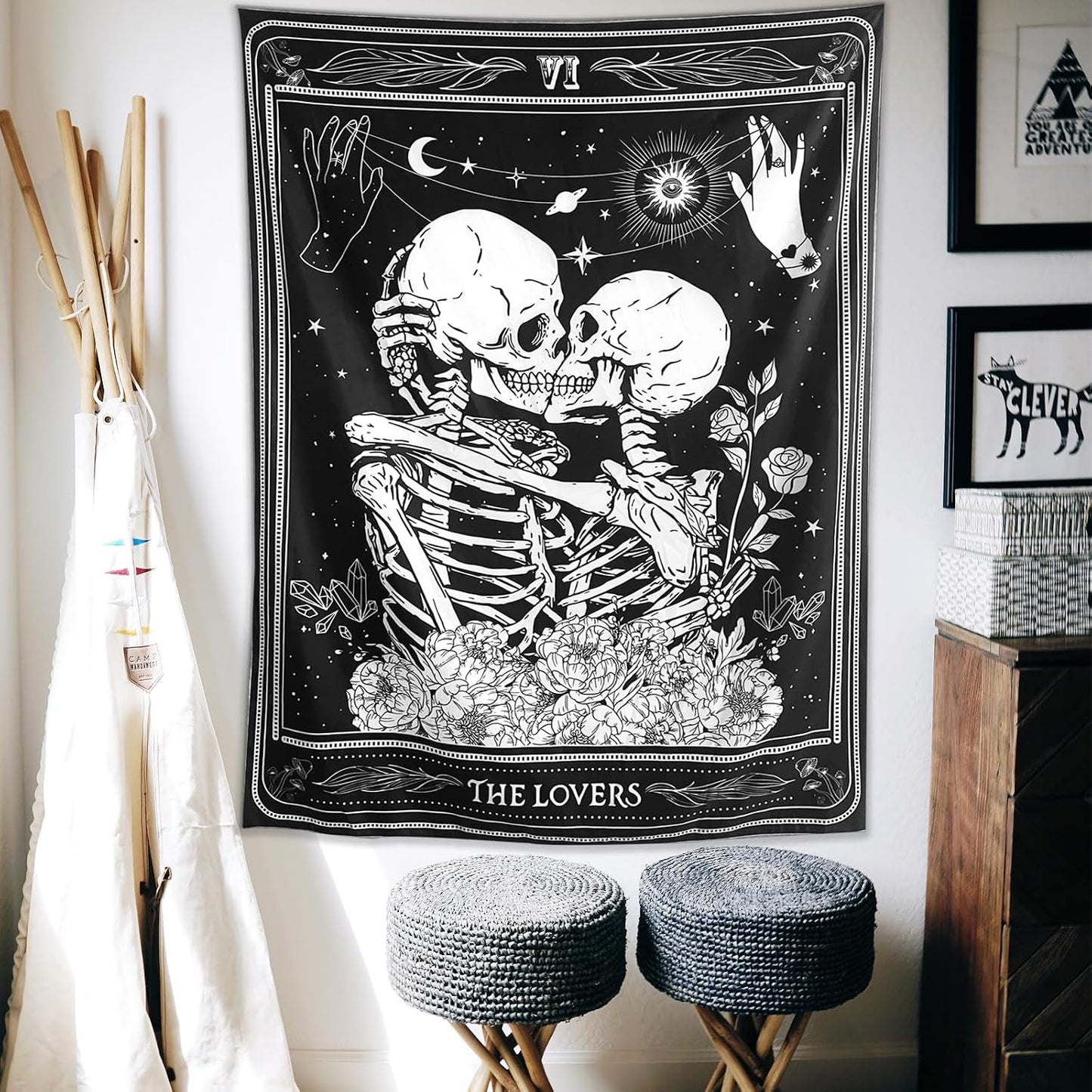 KJHL The Lovers Skull Wall Tapestry, Black and White Skeleton Wall Hanging | Gothic Room Decor,Dark Vertical Tarot Backdrop, Witchy Aesthetic Tapestries for Bedroom Living Room Dorm 60" x 44"