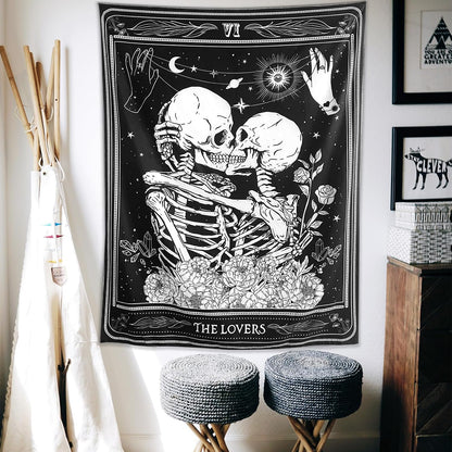 KJHL The Lovers Skull Wall Tapestry, Black and White Skeleton Wall Hanging | Gothic Room Decor,Dark Vertical Tarot Backdrop, Witchy Aesthetic Tapestries for Bedroom Living Room Dorm 60" x 44"