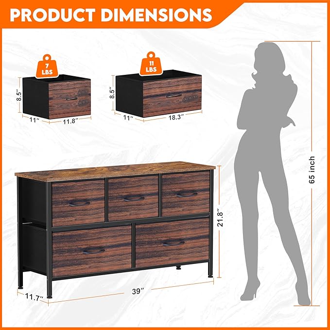 Dresser for Bedroom with 5 Drawers, Chest of Drawers, Storage Drawers Organizer - Image 3