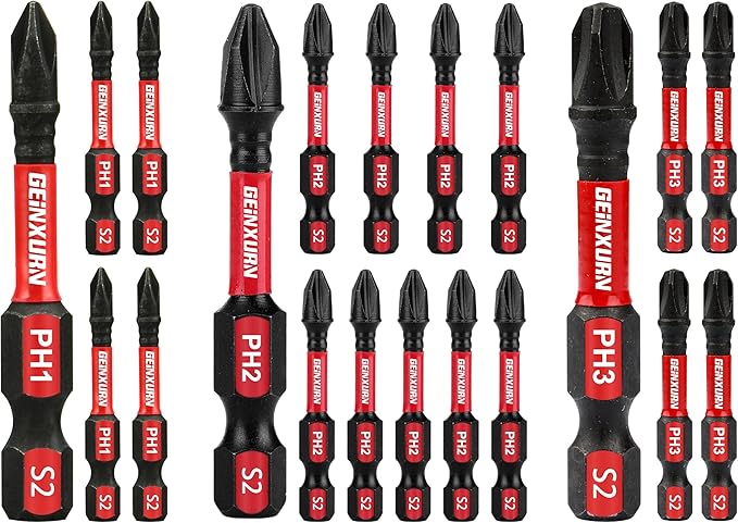 Anti-Slip Hex PH1/PH2/PH3 Insert Driver Bits 20 Pack 2 in. Impact Tough by GEINXURN