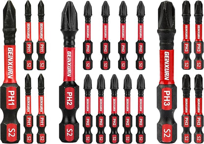 Anti-Slip Hex PH1/PH2/PH3 Insert Driver Bits 20 Pack 2 in. Impact Tough by GEINXURN