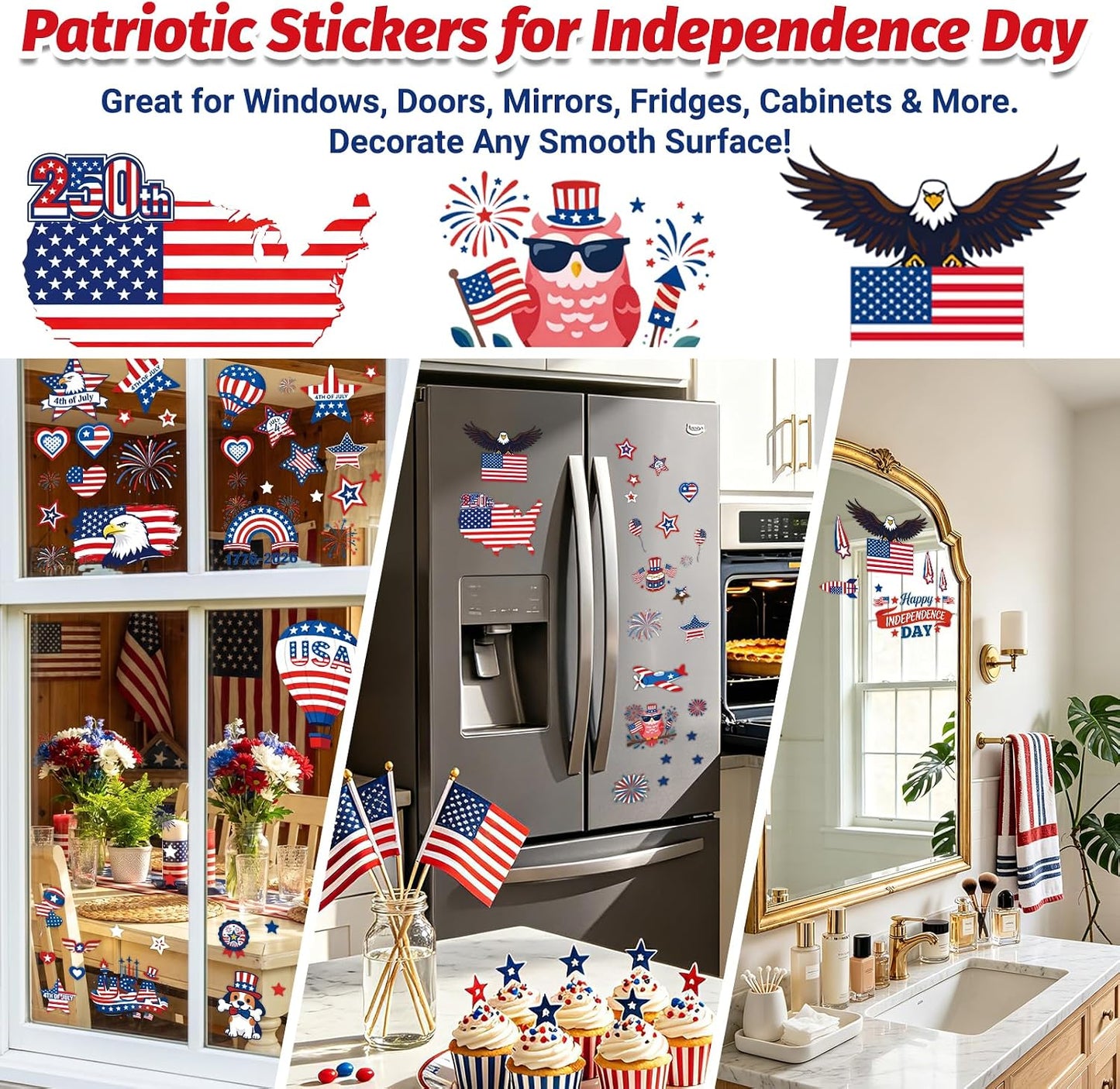 112Pcs 9 Sheets 4th of July Independence Day Window Clings | Reusable Static Stickers for USA 250th Anniversary, American Flag, Eagle, Stars Perfect for Home, Glass, Party Decor