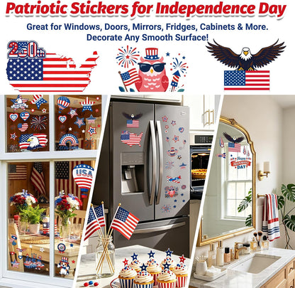 112Pcs 9 Sheets 4th of July Independence Day Window Clings | Reusable Static Stickers for USA 250th Anniversary, American Flag, Eagle, Stars Perfect for Home, Glass, Party Decor