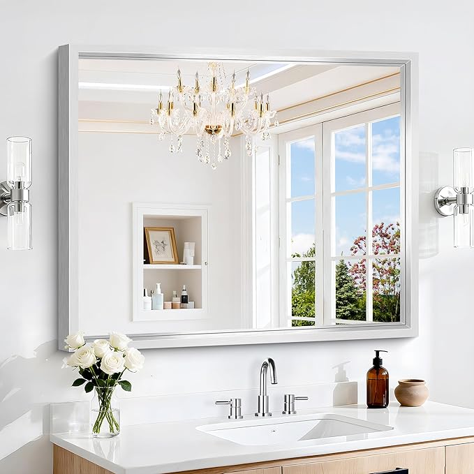 Silver Bathroom Mirror, 36 x 30 Inch Rectangular Wall Mirror 0.6" Thickened by WelcometoCIVENO