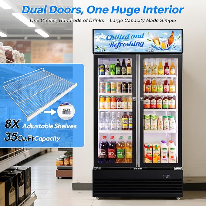 Commercial Display Beverage Fridge, 40″ Double Glass Door Refrigerator - Image 2