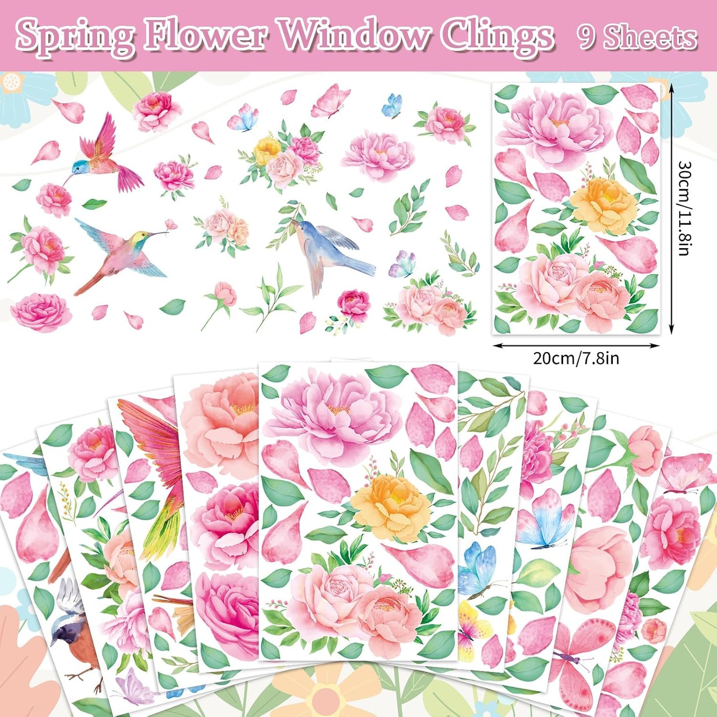 Whaline 9 Sheets Spring Summer Window Clings Pink Flower Window Clings Watercolor Hummingbirds Garden Floral Leaf Windows Decal Double-Sided Windows Decor for Home Office School Decor Party Supplies