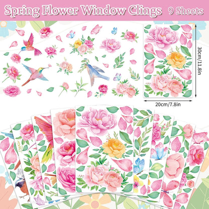 Whaline 9 Sheets Spring Summer Window Clings Pink Flower Window Clings Watercolor Hummingbirds Garden Floral Leaf Windows Decal Double-Sided Windows Decor for Home Office School Decor Party Supplies
